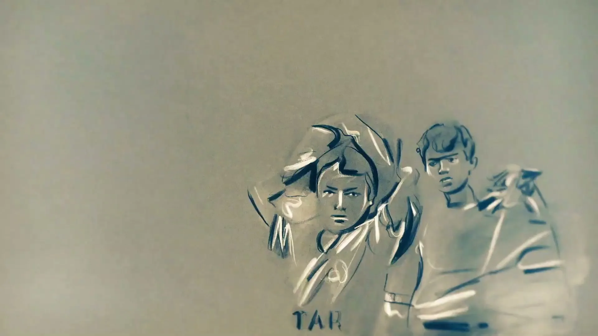 Two animated children, a boy and a girl, are drawn in a sketch-like style, looking forward with serious expressions against a plain background.