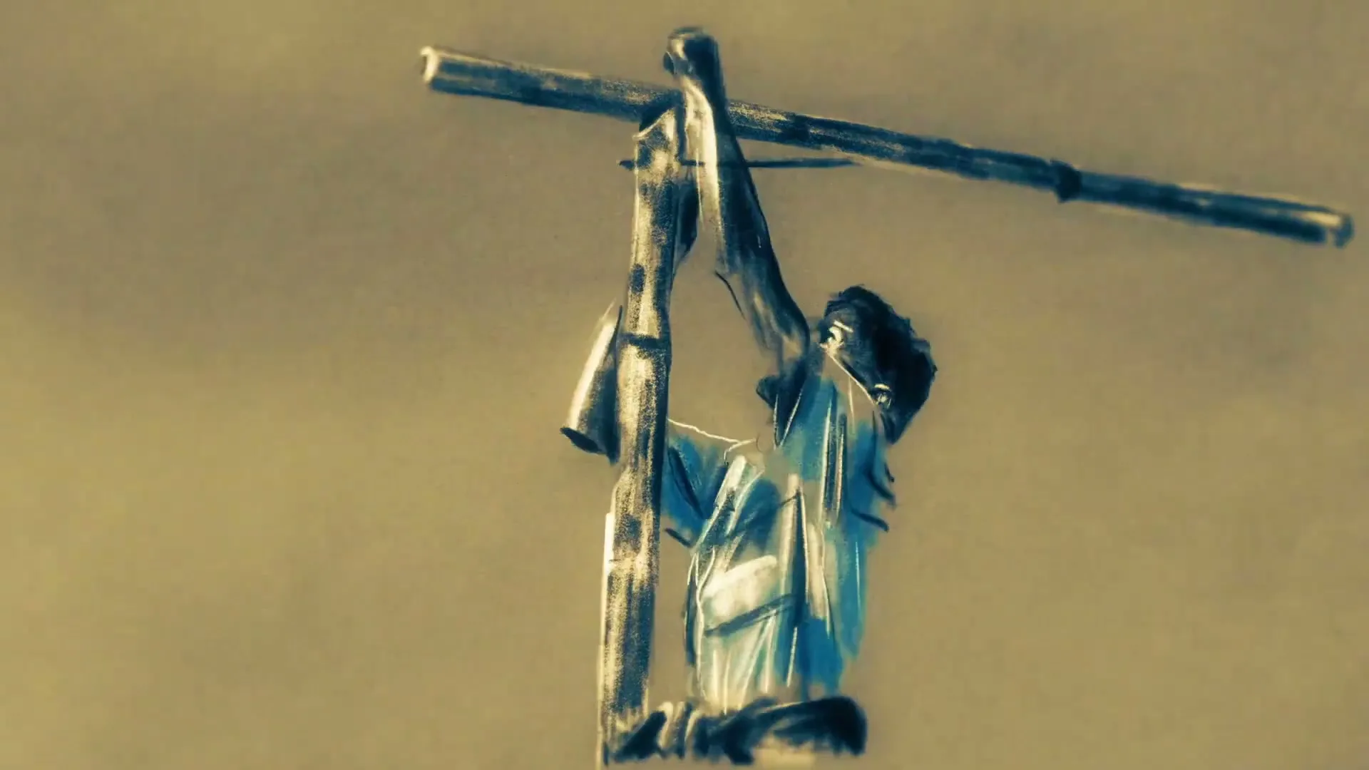 A stylized, animated figure, possibly a child, hangs from a horizontal bar, struggling to pull themselves up against a plain background.