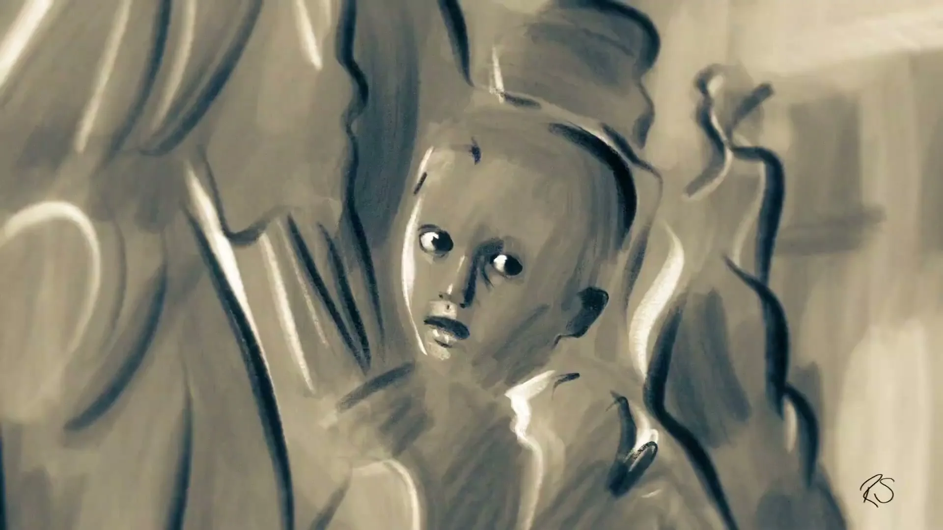A young child with wide eyes looks directly at the camera, held by an unseen adult in a stylized, monochromatic animated scene.