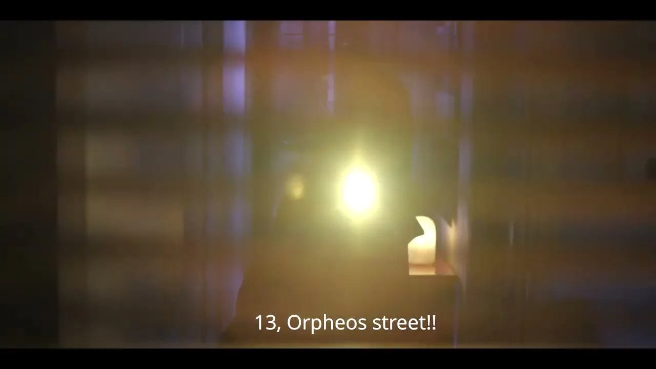 A blurry figure holds a bright flashlight, illuminating a dark interior space, with text overlayed on the bottom of the screen.