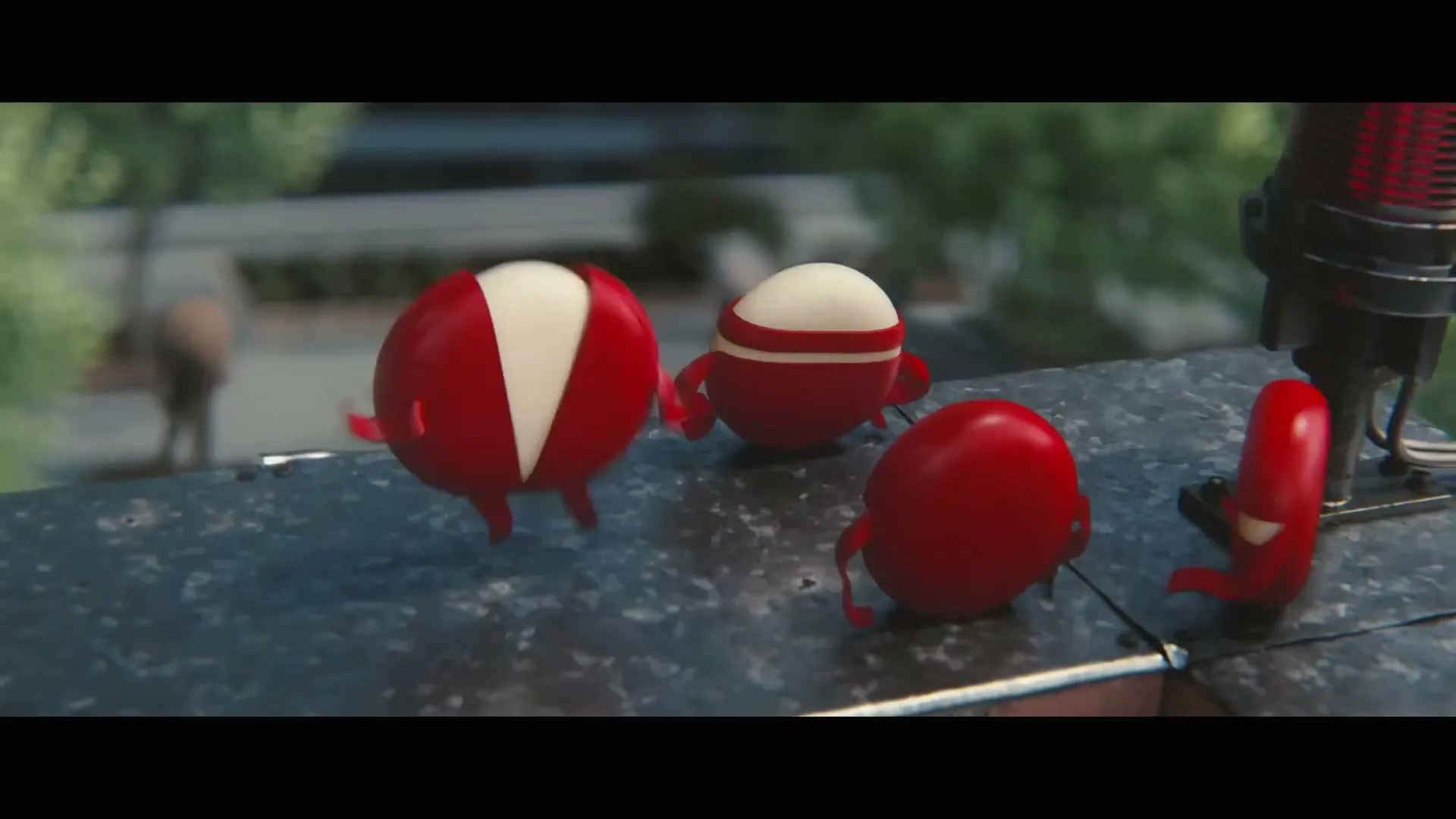 Four animated Babybel cheese characters, two with their wax peeled, stand on a rooftop next to a red siren, looking at a fifth character falling from the sky.