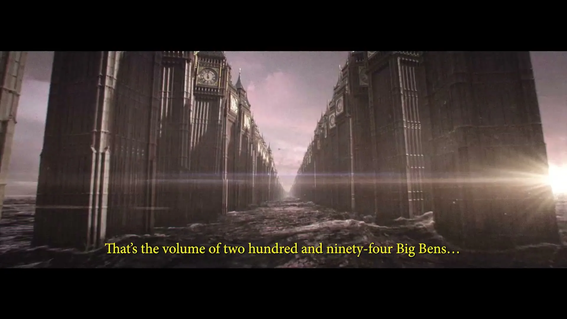 A surreal, wide shot shows an endless row of Big Ben clock towers stretching into the distance, with a bright light on the horizon.