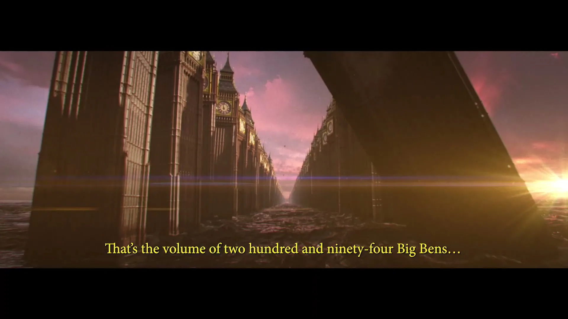 A surreal, endless row of Big Ben clock towers stretches into the distance over a dark, choppy sea at sunset, with text on screen.