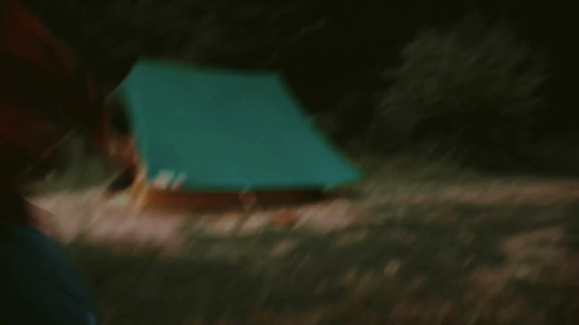 A young woman in a red plaid shirt and denim shorts runs frantically through a dark, dense forest, screaming in terror.