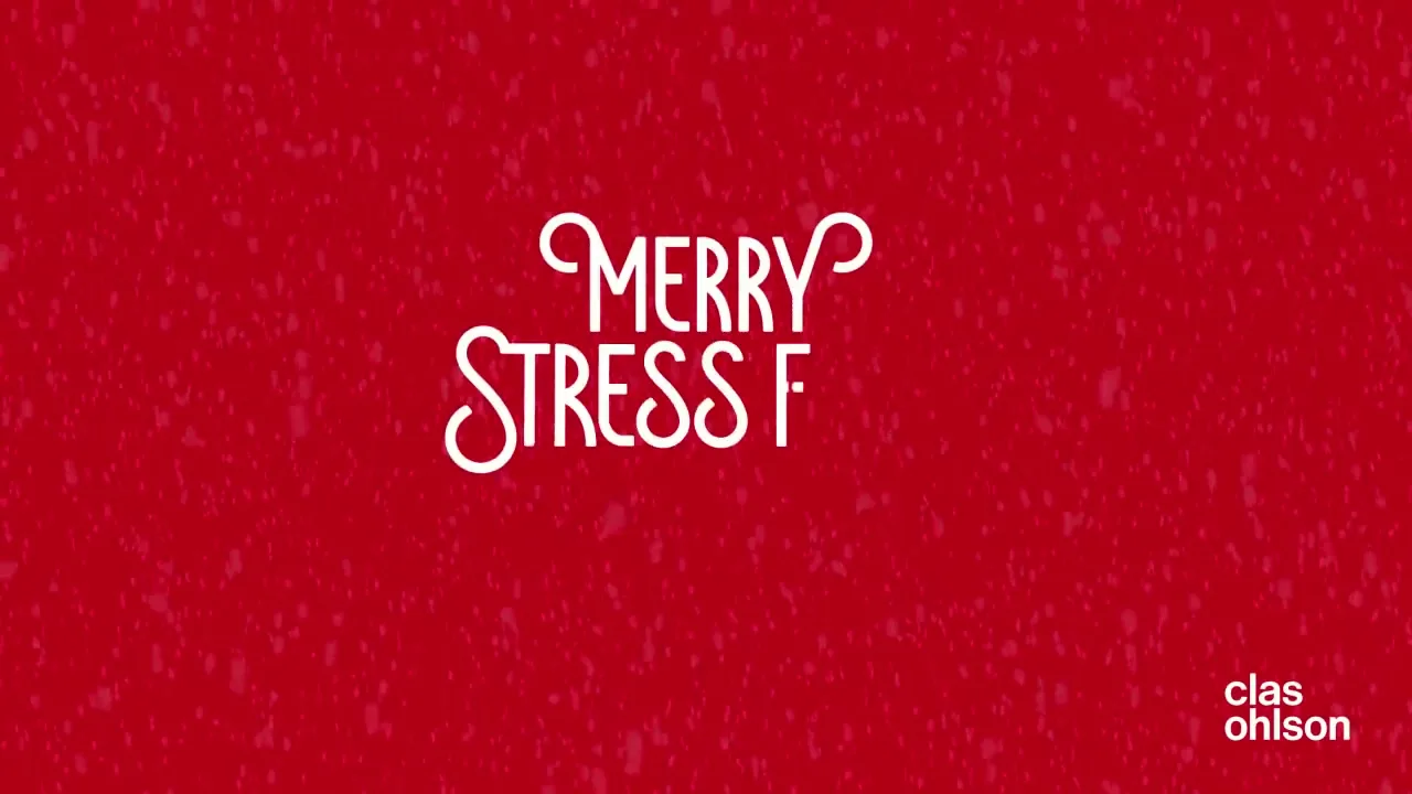 White text appears on a red background with subtle texture, forming the phrase "Merry Stress Free Christmas" with the brand logo in the bottom right corner.
