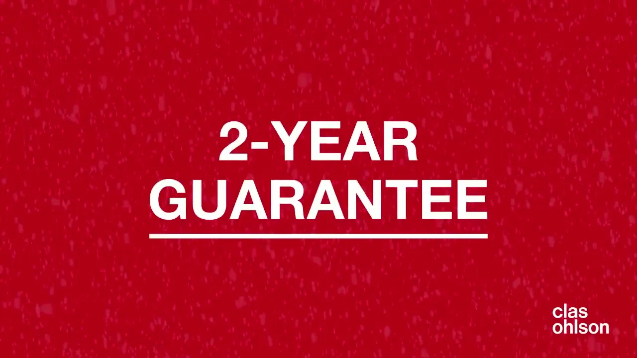 White text on a red background with a subtle texture, displaying "2-YEAR GUARANTEE" and the Clas Ohlson logo.