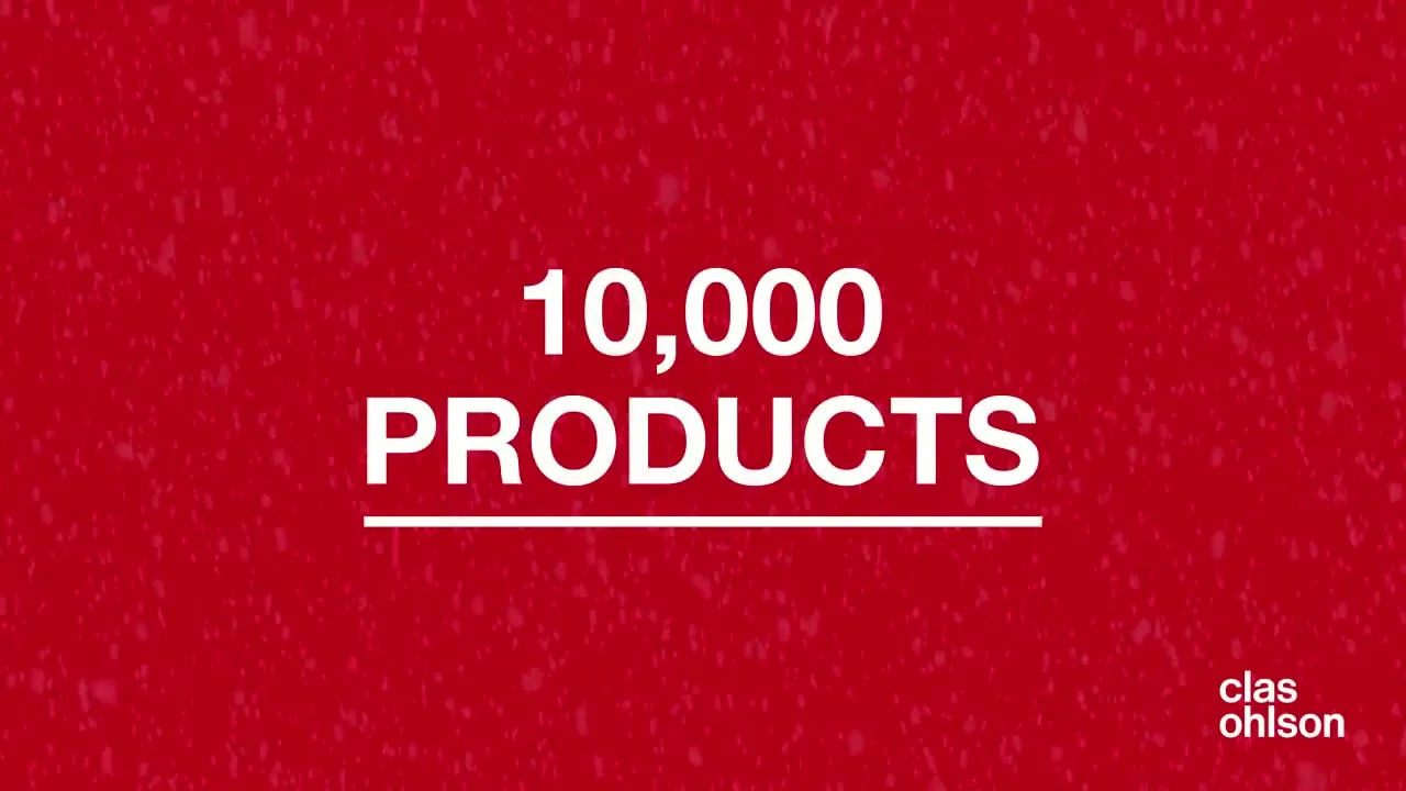 White text on a red background reads "10,000 PRODUCTS" with a white line underneath, and the Clas Ohlson logo in the bottom right corner.