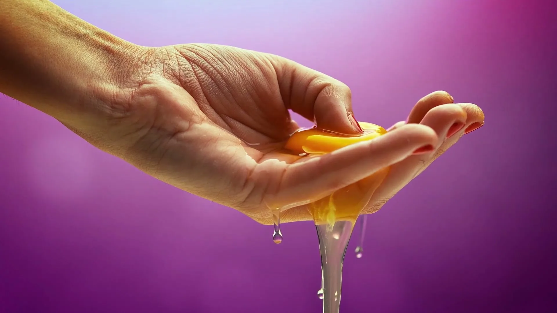 A female hand with red nail polish holds an egg yolk, with egg white dripping down, against a purple background.