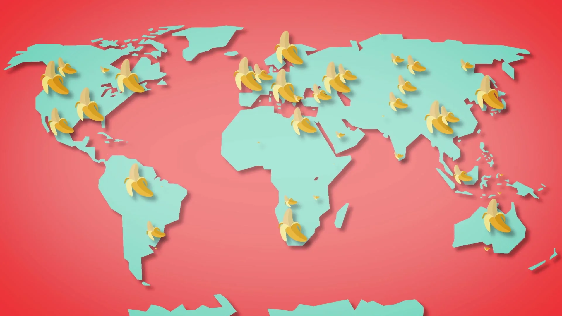 A stylized world map on a red background is covered in bananas, then the camera pulls back to reveal multiple web pages displaying the ad.