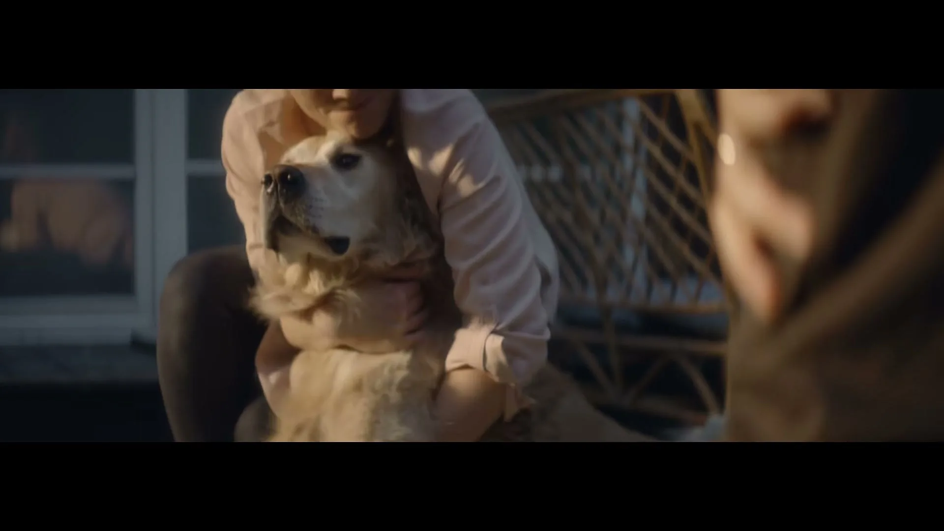 A young woman with light brown hair, wearing a pink shirt, kneels and hugs a golden retriever dog outdoors at dusk.