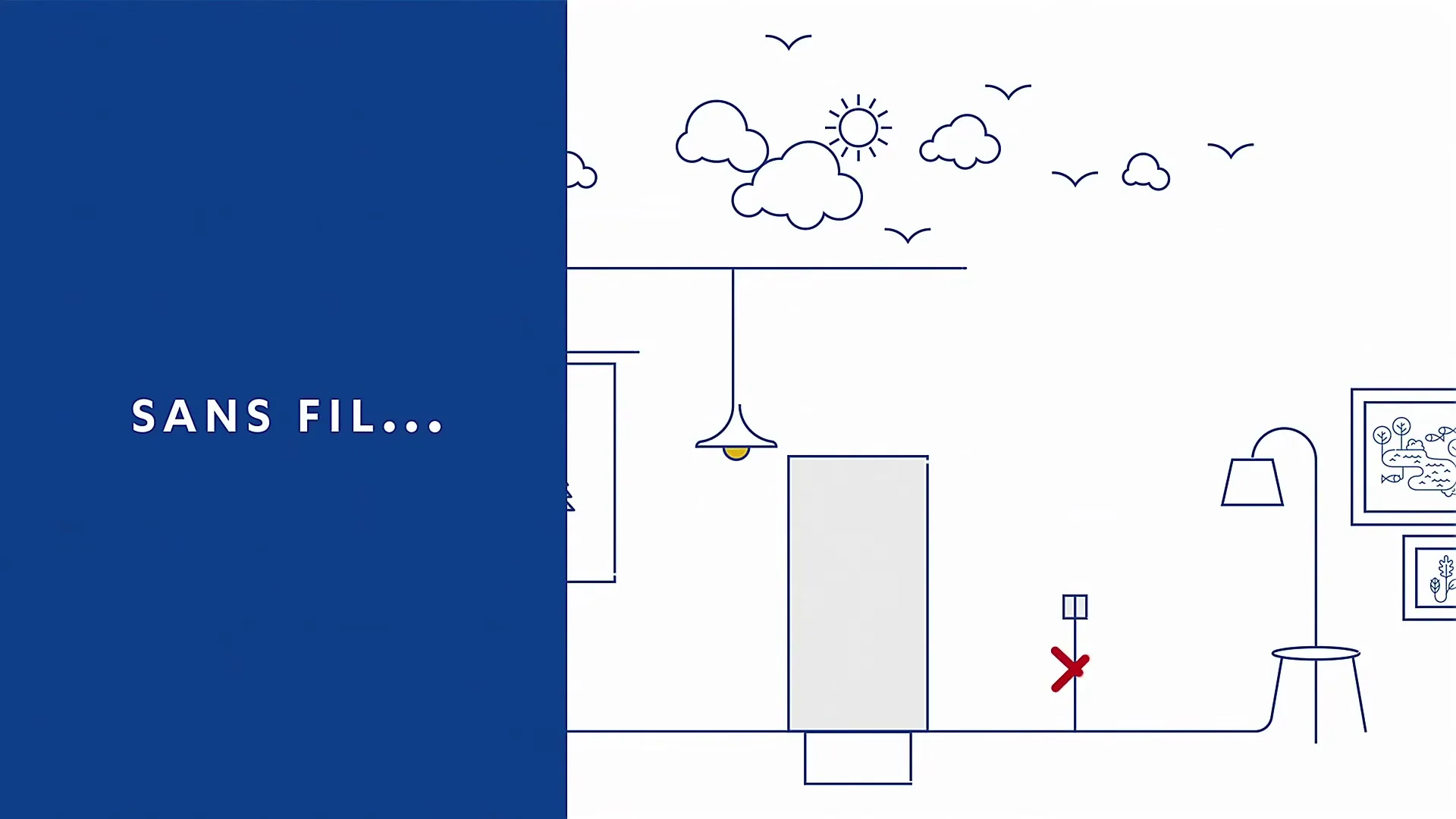 A blue screen with "SANS FIL..." text slides to reveal a white background with animated line drawings of a house interior and exterior, including a sun, clouds, birds, and furniture.
