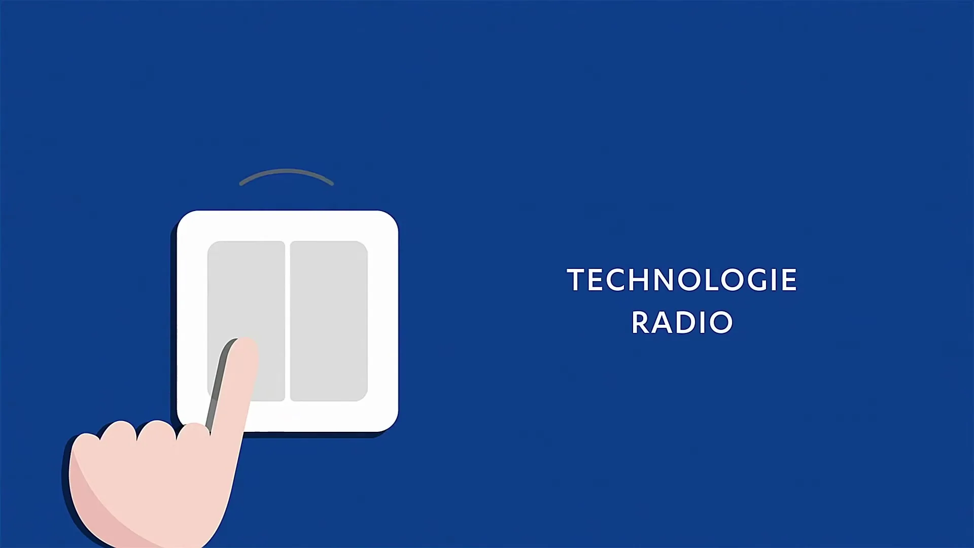 An animated hand presses a light switch, emitting radio waves, with the words "TECHNOLOGIE RADIO" on a blue background.