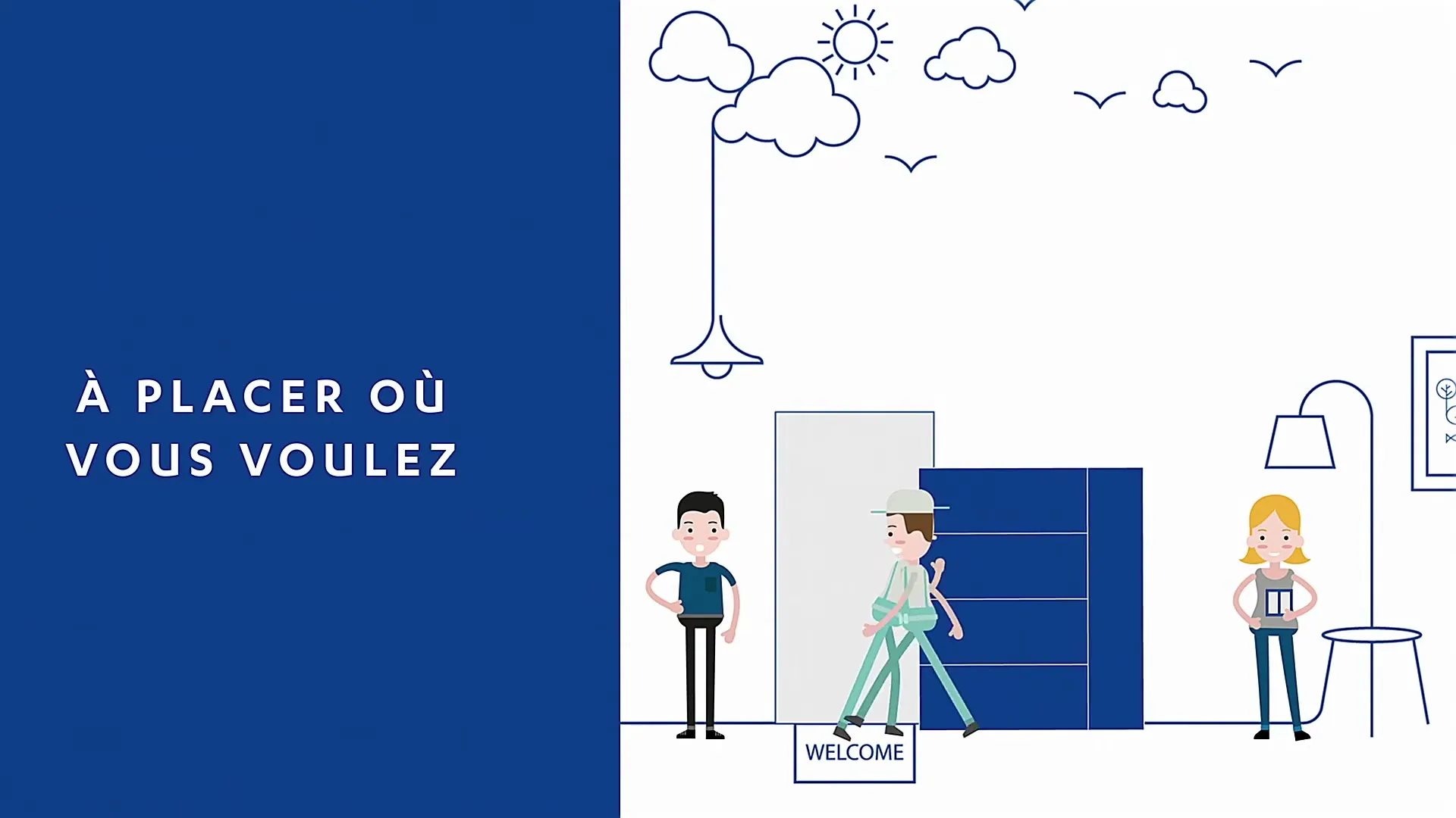 A cartoon hand presses a smart home switch, while cartoon workers install a smart home system in a house, with text on the left.