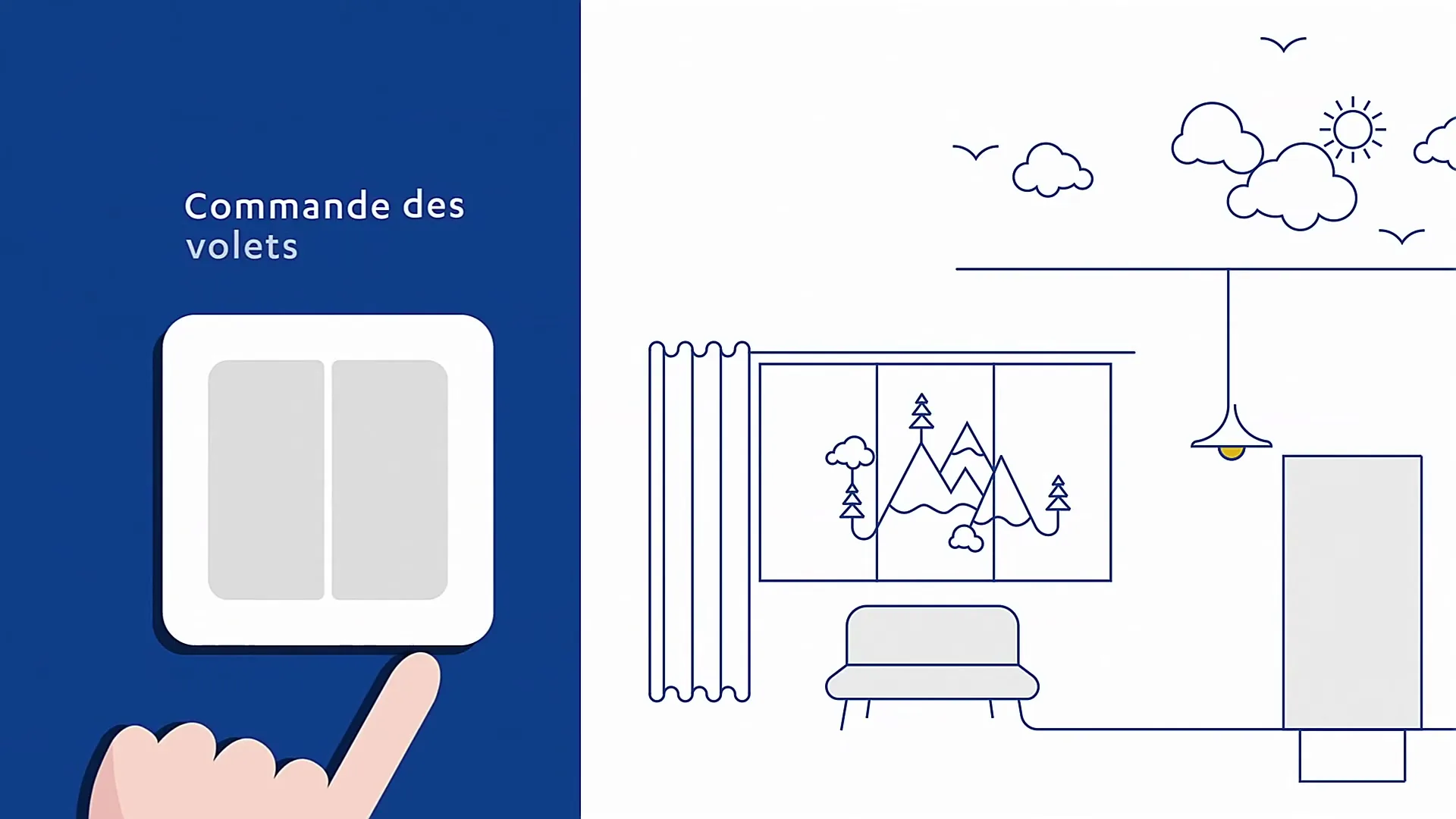 A cartoon hand presses a light switch, turning on a light and then closing window blinds in a minimalist animated room.