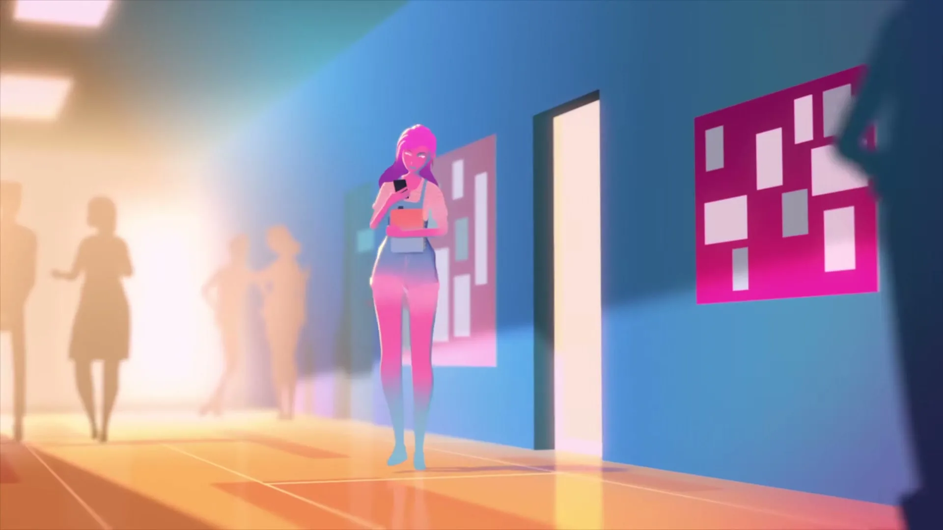 A young woman with pink hair, wearing overalls, walks down a brightly lit hallway, looking at her phone.