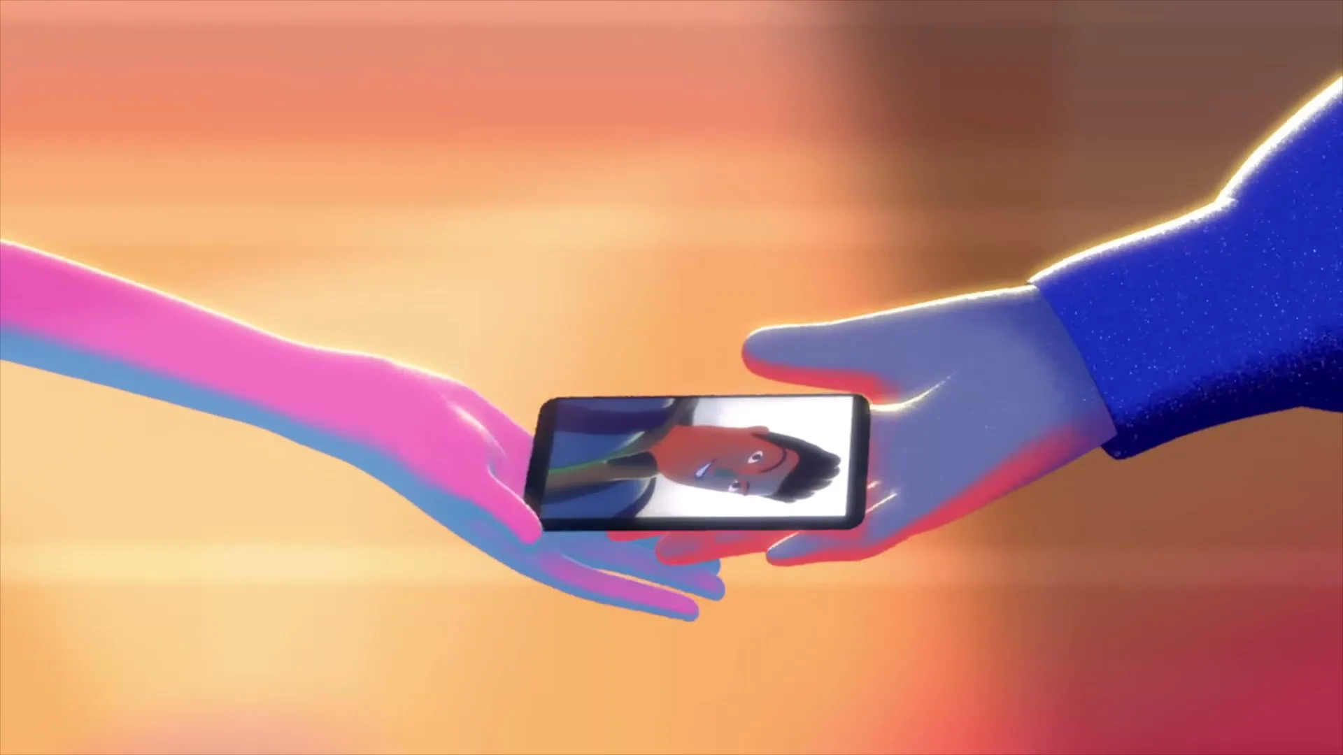 Two animated hands, one pink and one blue, reach for each other, with a smartphone displaying a man's face in the blue hand.