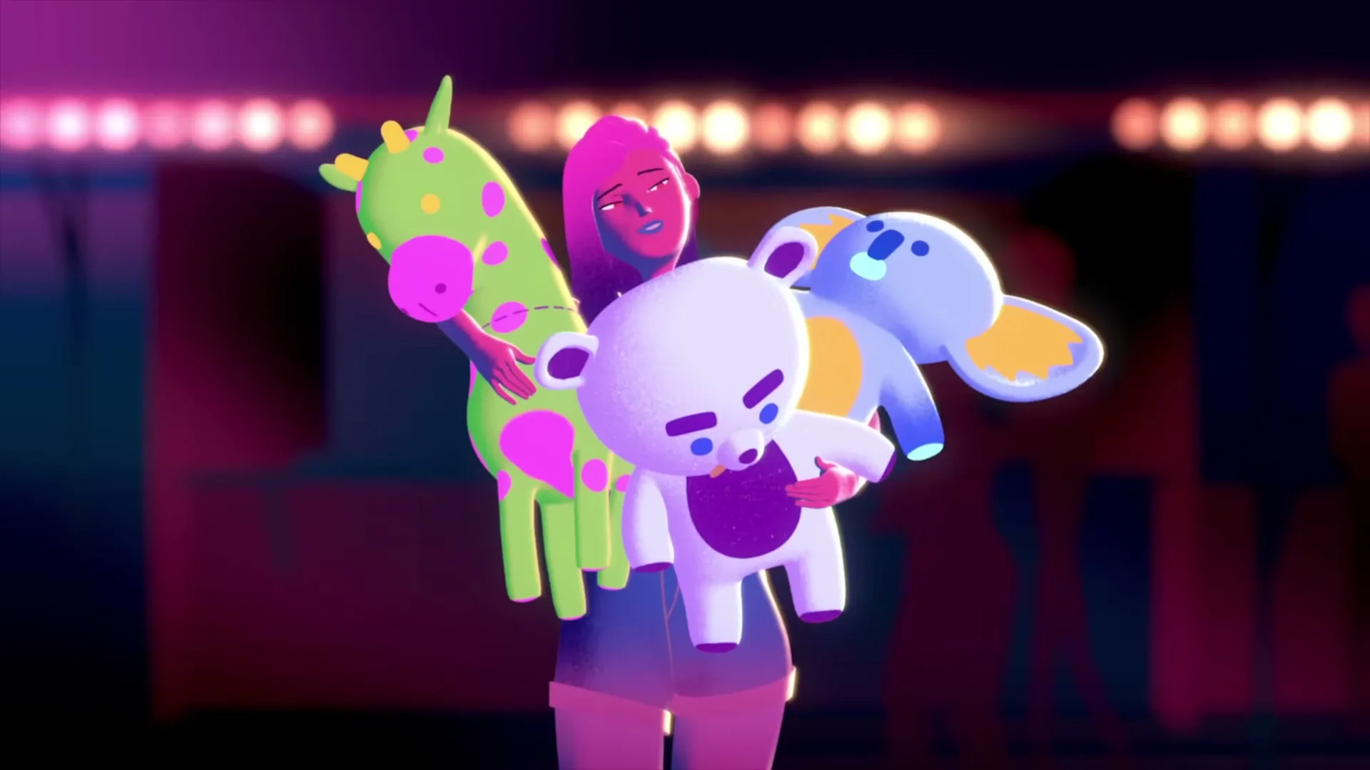 A stylized animated woman with pink hair holds three colorful stuffed animals, a green giraffe, a white bear, and a blue elephant, in a dark, neon-lit arcade.