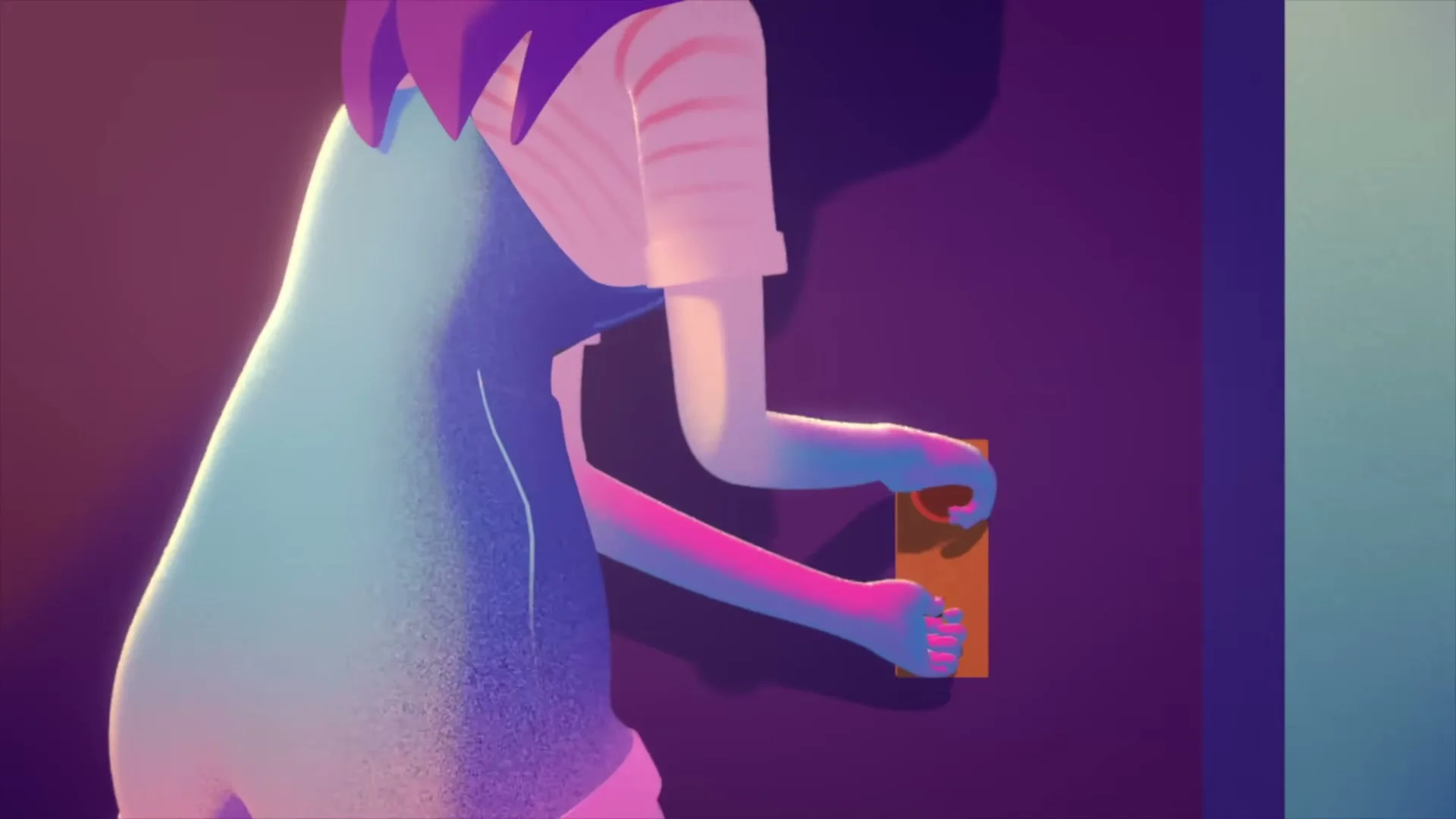 An animated person with purple hair and a light blue dress tries to unlock a door with a key in a dark, stylized room.