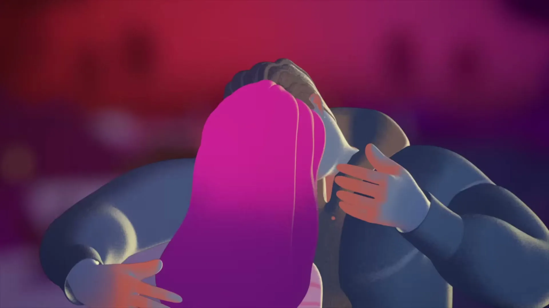 A man and woman with stylized features and bright pink hair embrace, then the shot blurs into red and purple.