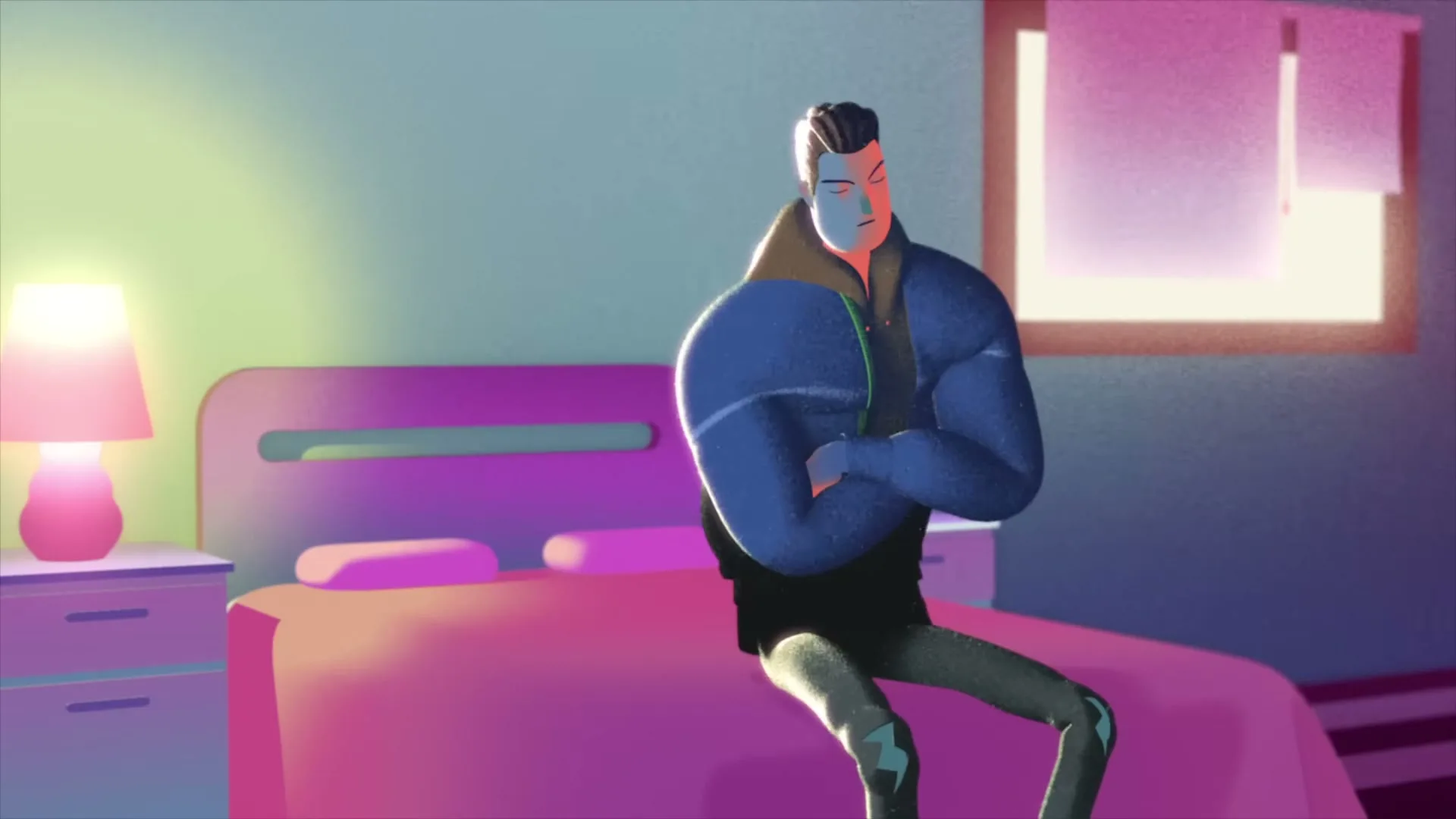 A muscular animated man with dark hair and a blue jacket sits on a pink bed, looking annoyed and giving a thumbs down gesture in a bedroom.