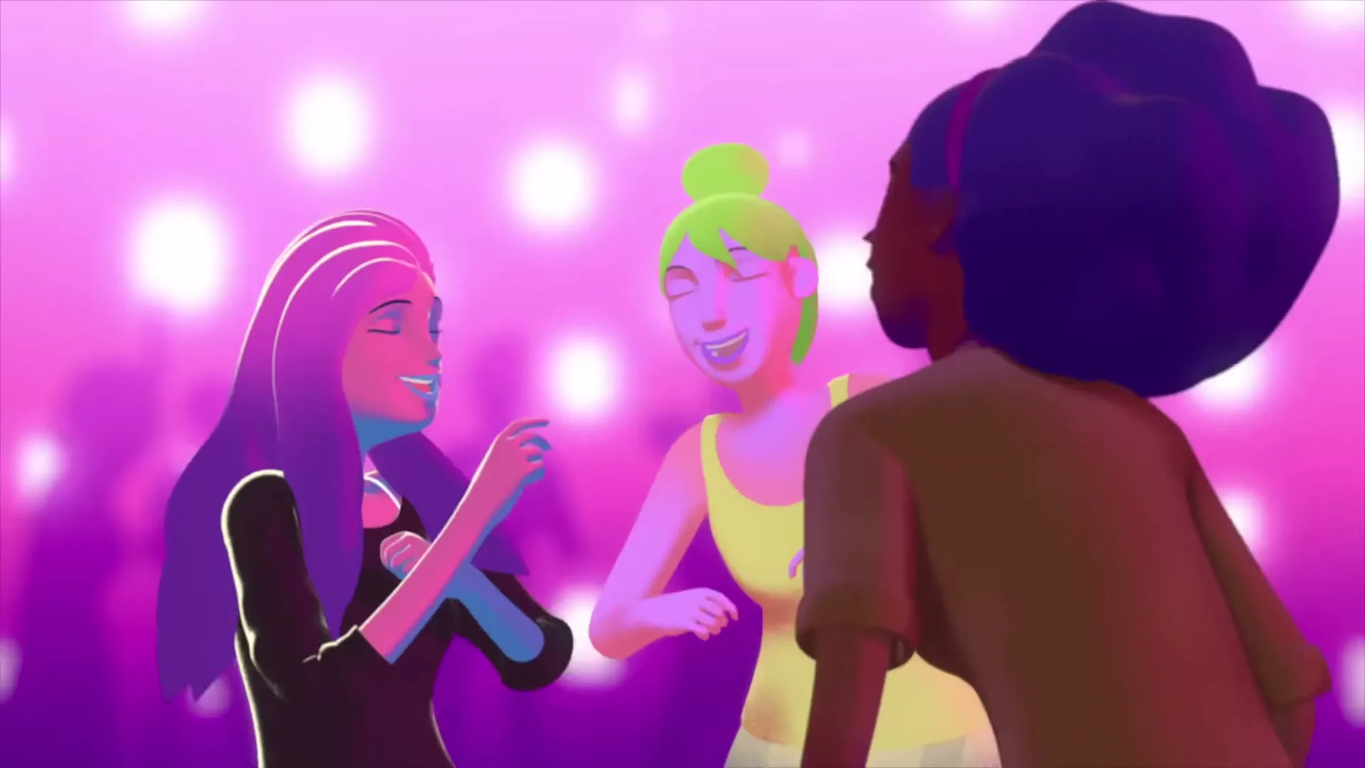 Three animated women with colorful hair dance and talk at a vibrant, purple-lit party or concert.