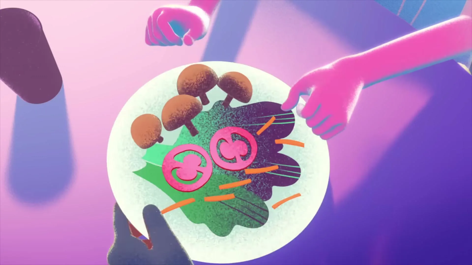 Two animated hands, one pink and one dark, exchange a plate of food, first a sandwich, then a salad, on a purple table.