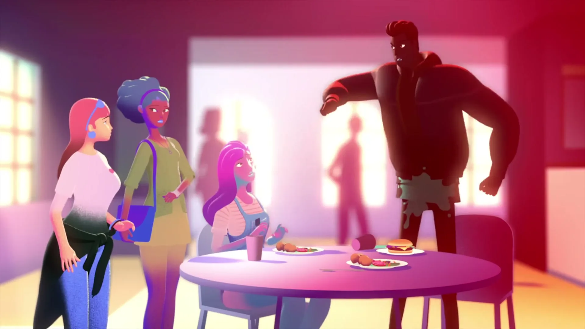 Four animated people are in a cafe, three women look at a man who stands up angrily, covered in green slime.