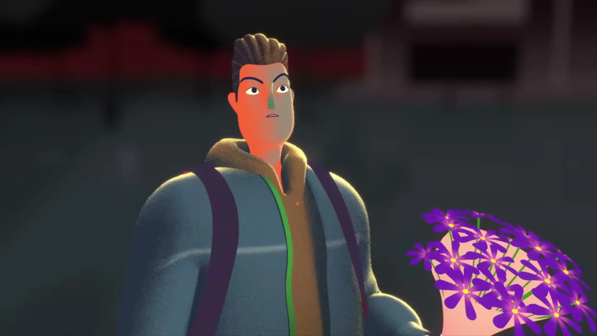 An animated man with a backpack and a bouquet of purple flowers looks around with a surprised expression in a dark, indeterminate location.