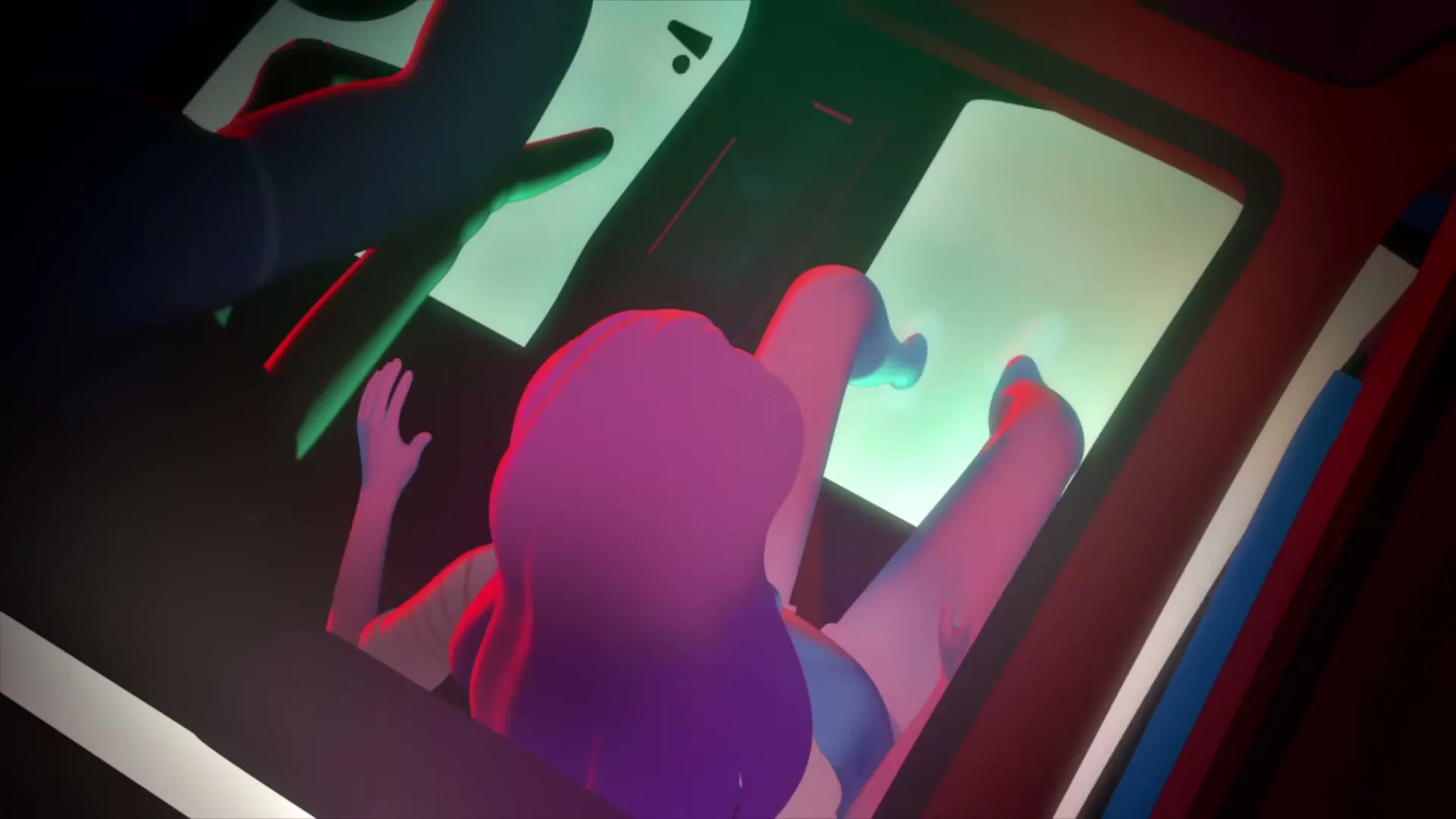 A female character with purple hair and a blue top is seen from above, falling through a bright green-lit opening in a dark, enclosed space.