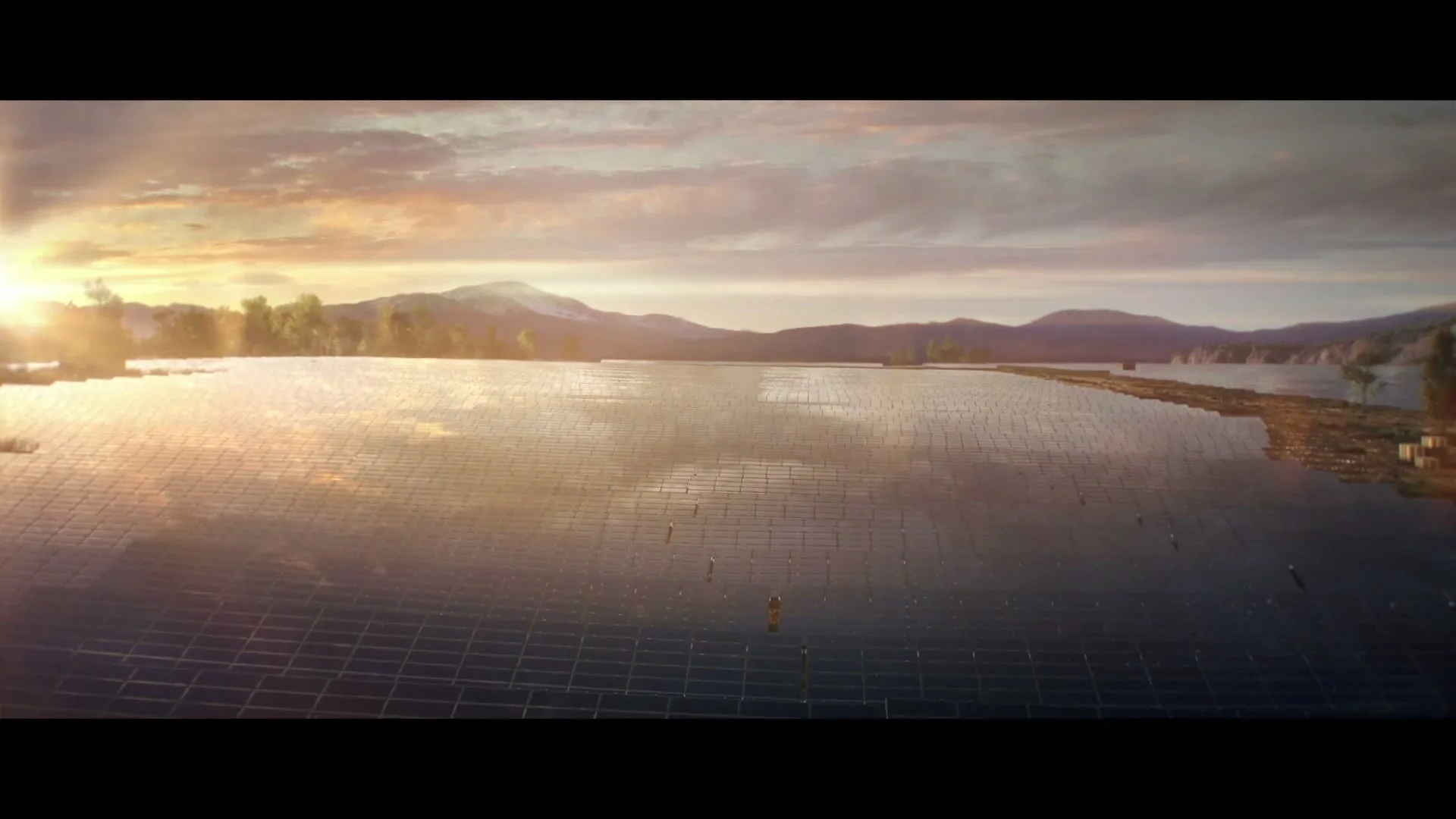 A wide shot of a vast solar panel field reflecting the sky, with mountains in the background, as a dust monster runs across it.