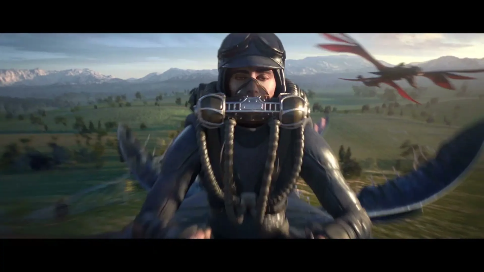 A male character in a futuristic flight suit and goggles rides a flying creature over green fields and mountains, with another creature in the background.