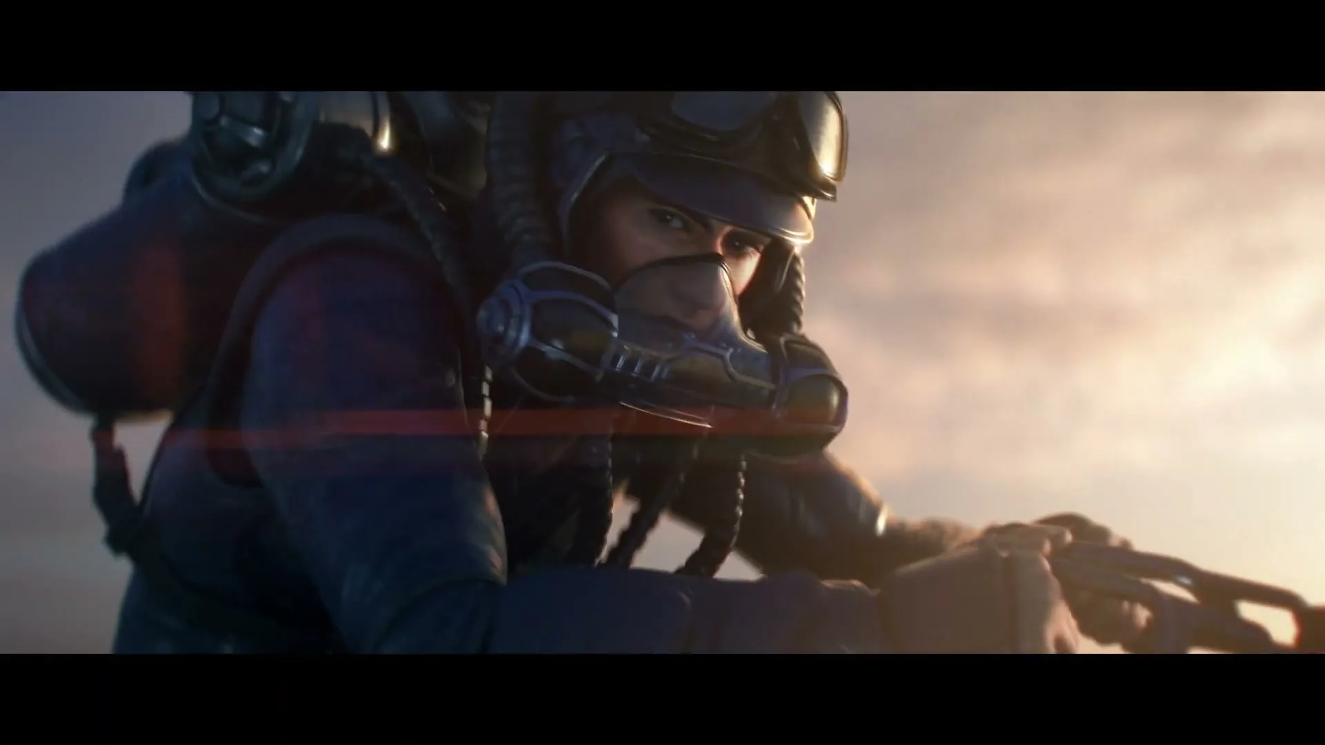 A female pilot in a futuristic suit and helmet looks intensely forward, with a dramatic sky in the background, as if in flight.