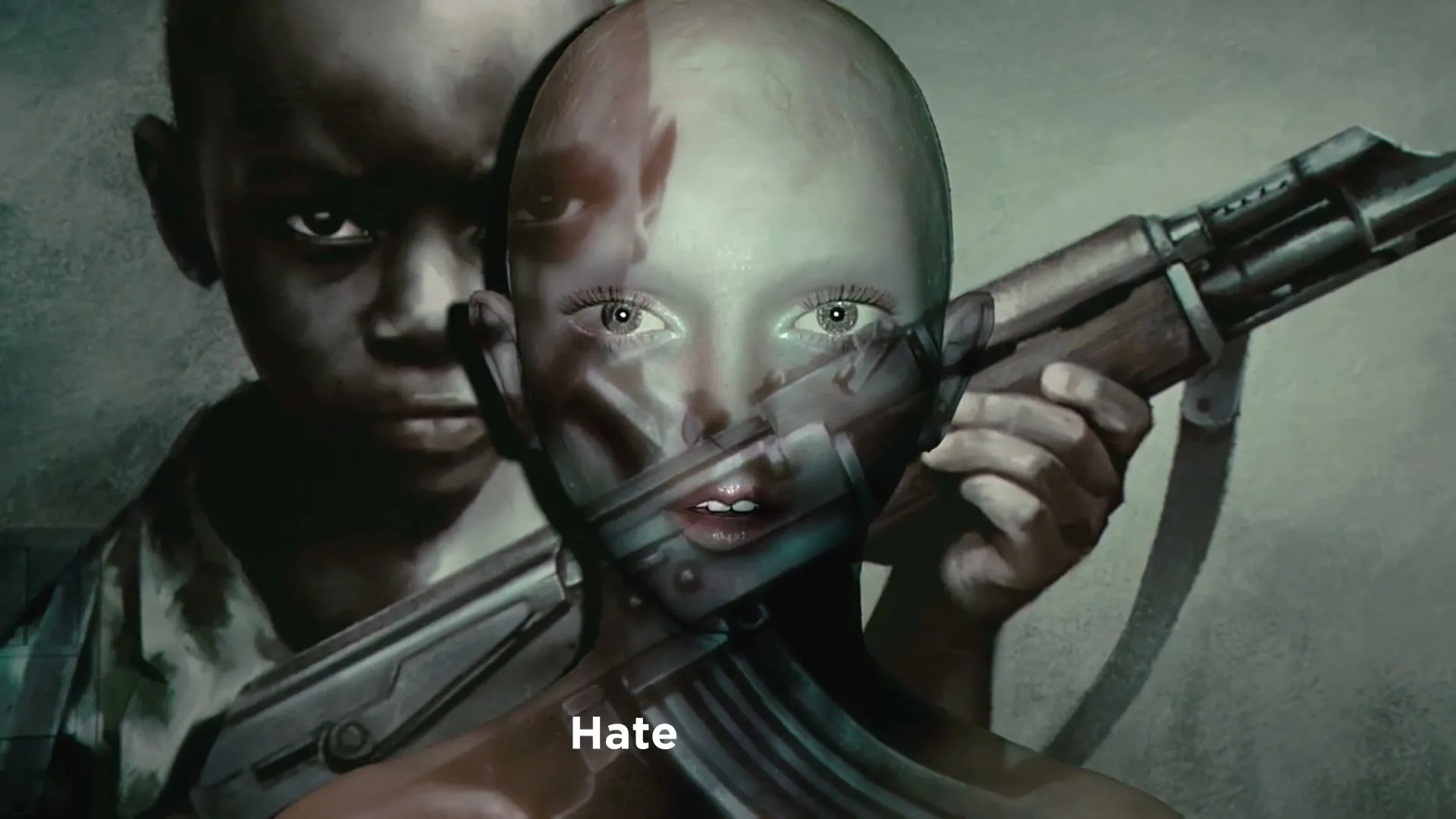 A composite image shows a child holding a rifle behind a bald woman, with the word "Hate" superimposed on the screen.