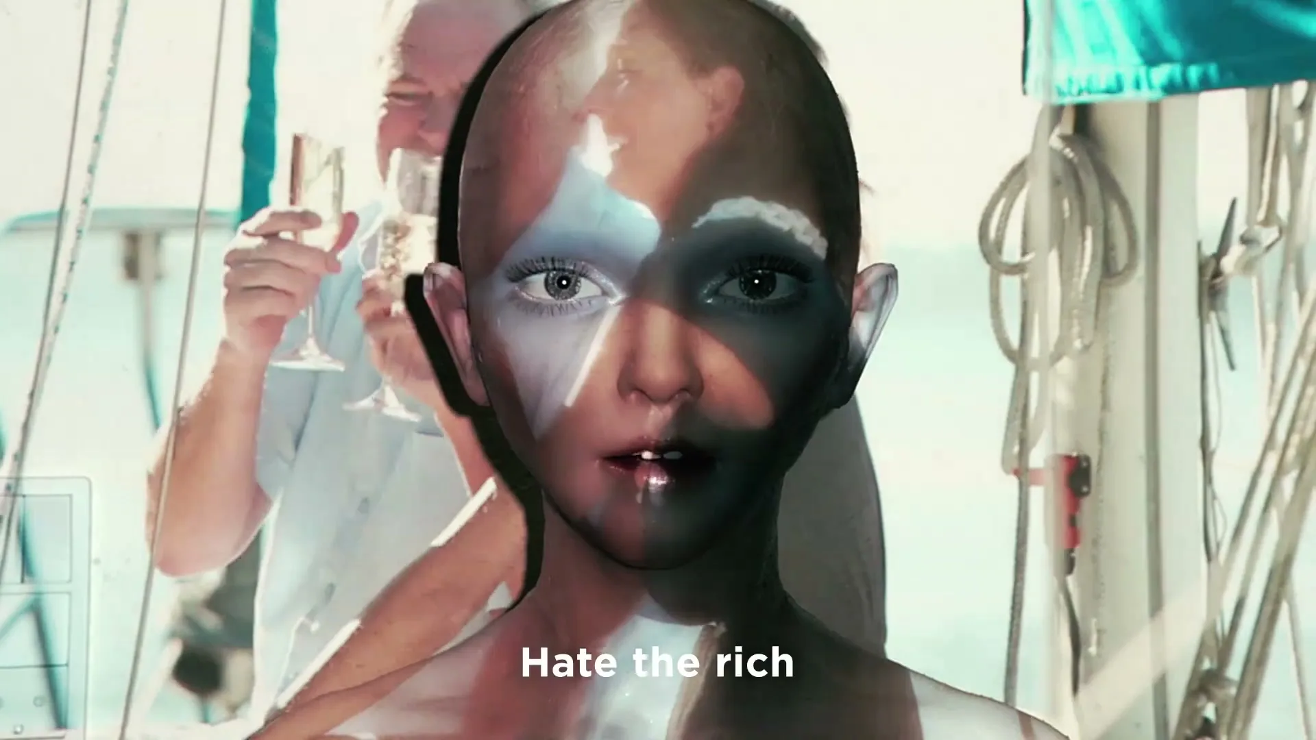 A bald female mannequin head with projected light on its face is superimposed over a couple toasting champagne on a boat.