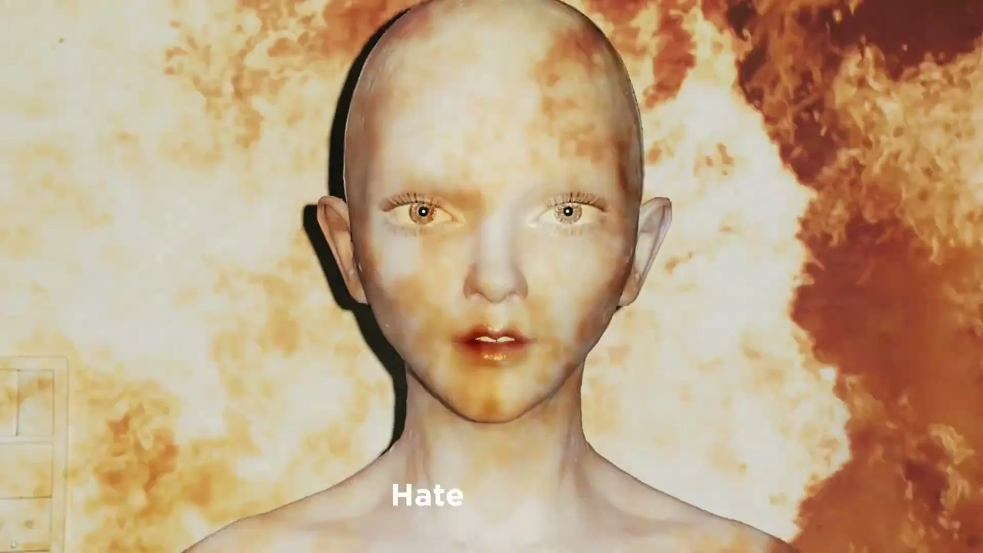 A bald, pale, androgynous person with large eyes and lips stares forward as fire burns behind them, with text on screen.