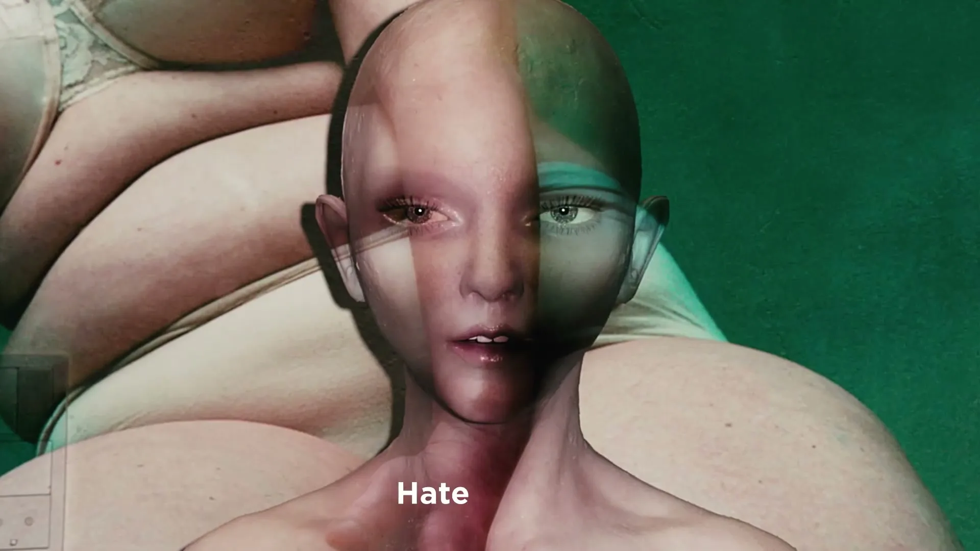 A composite image of a bald person's face is superimposed over a person's stomach, with text appearing on screen.