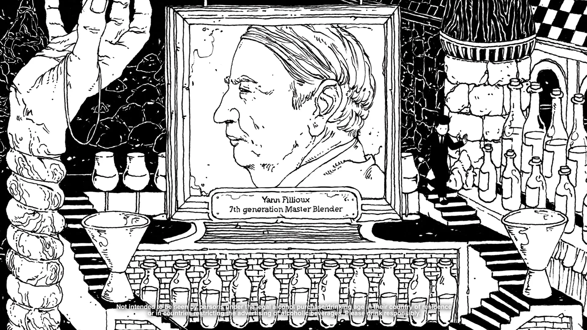 A black and white animated illustration shows a portrait of Yann Fillioux, 7th generation Master Blender, surrounded by bottles and glasses in a fantastical setting.