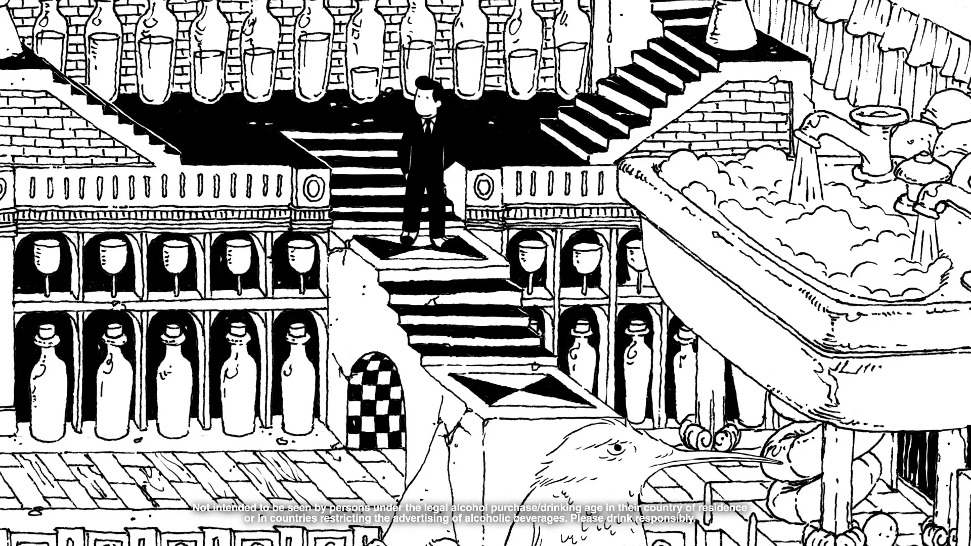 A man in a suit walks down a staircase in a black and white animated world filled with bottles, glasses, and a bird.