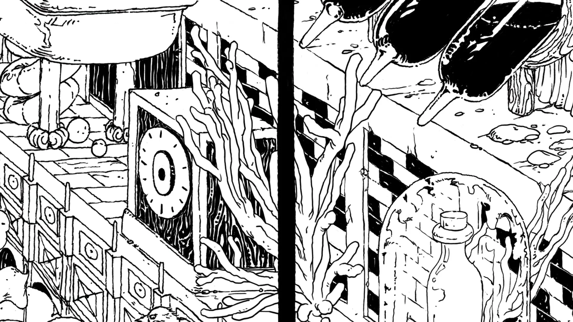 A black and white animated shot shows a complex, fantastical landscape with various objects and structures, including bottles and plant-like forms, in a detailed, illustrative style.