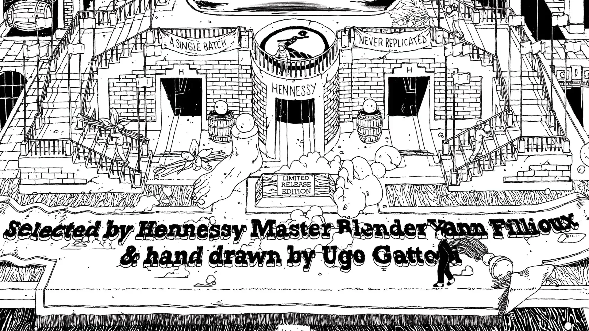 A black and white animated drawing of a grand building with text "Selected by Hennessy Master Blender Yann Fillioux & hand drawn by Ugo Gattoni" at the bottom.