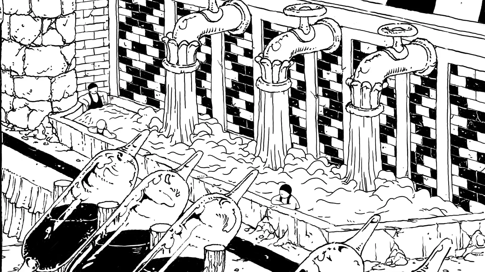 An animated black and white scene shows small figures bathing in tubs while liquid pours from large spigots, and wine glasses are filled in the foreground.