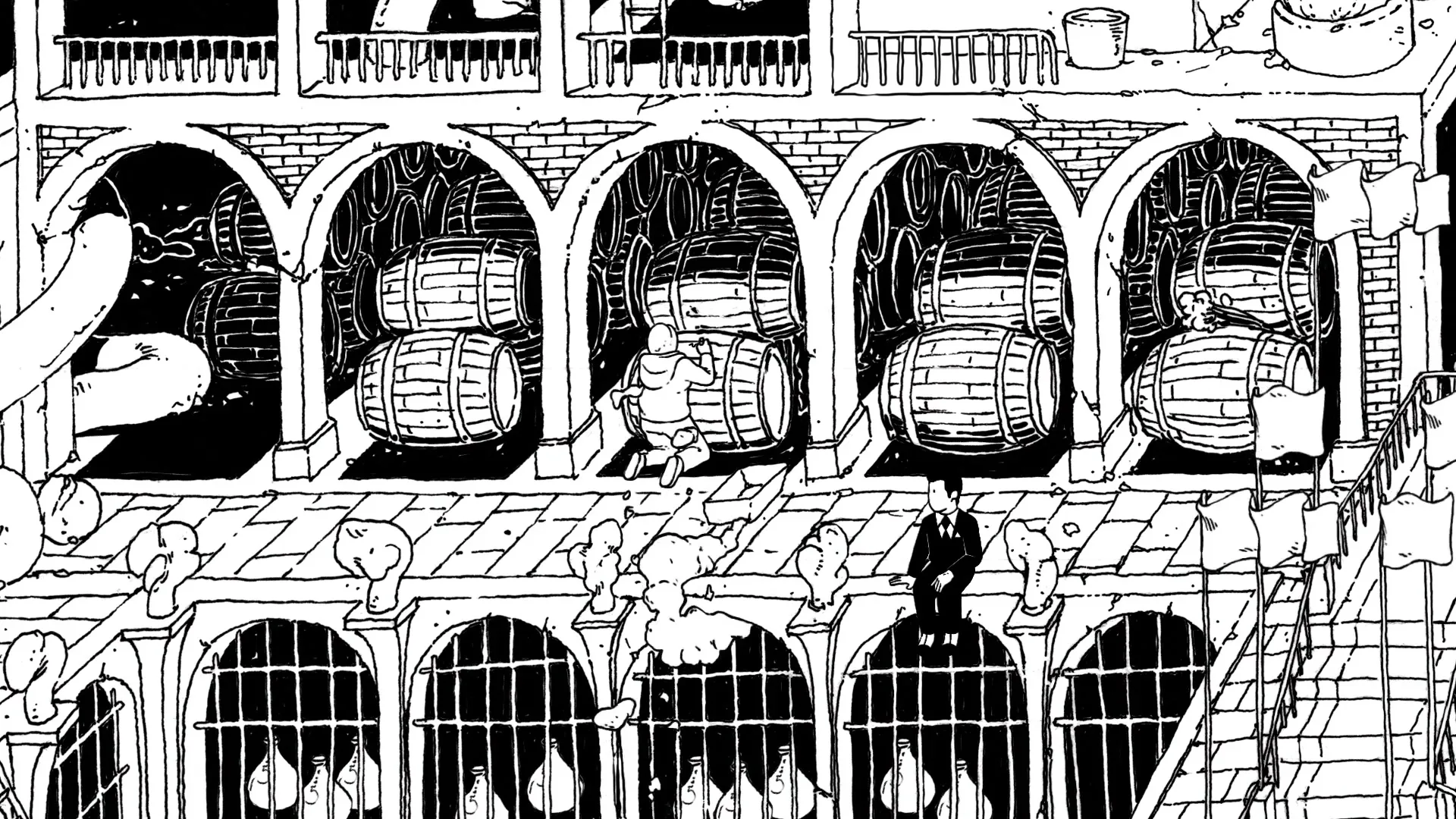 A black and white animated shot shows a man in a suit standing on a platform while another man rolls a barrel in a cellar.