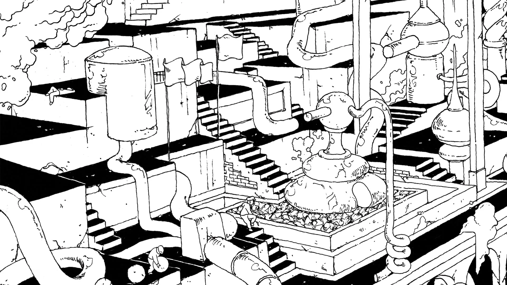 An animated black and white drawing shows a complex, fantastical factory with pipes, stairs, and various machines, suggesting a whimsical production process.
