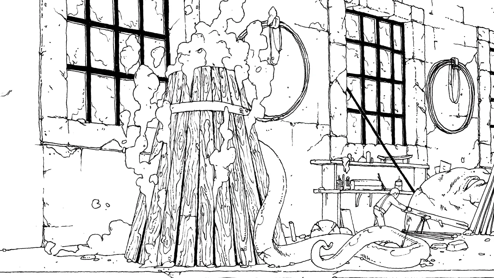 A black and white animated scene shows a wooden barrel smoking, with a tentacle emerging from it, in a workshop.