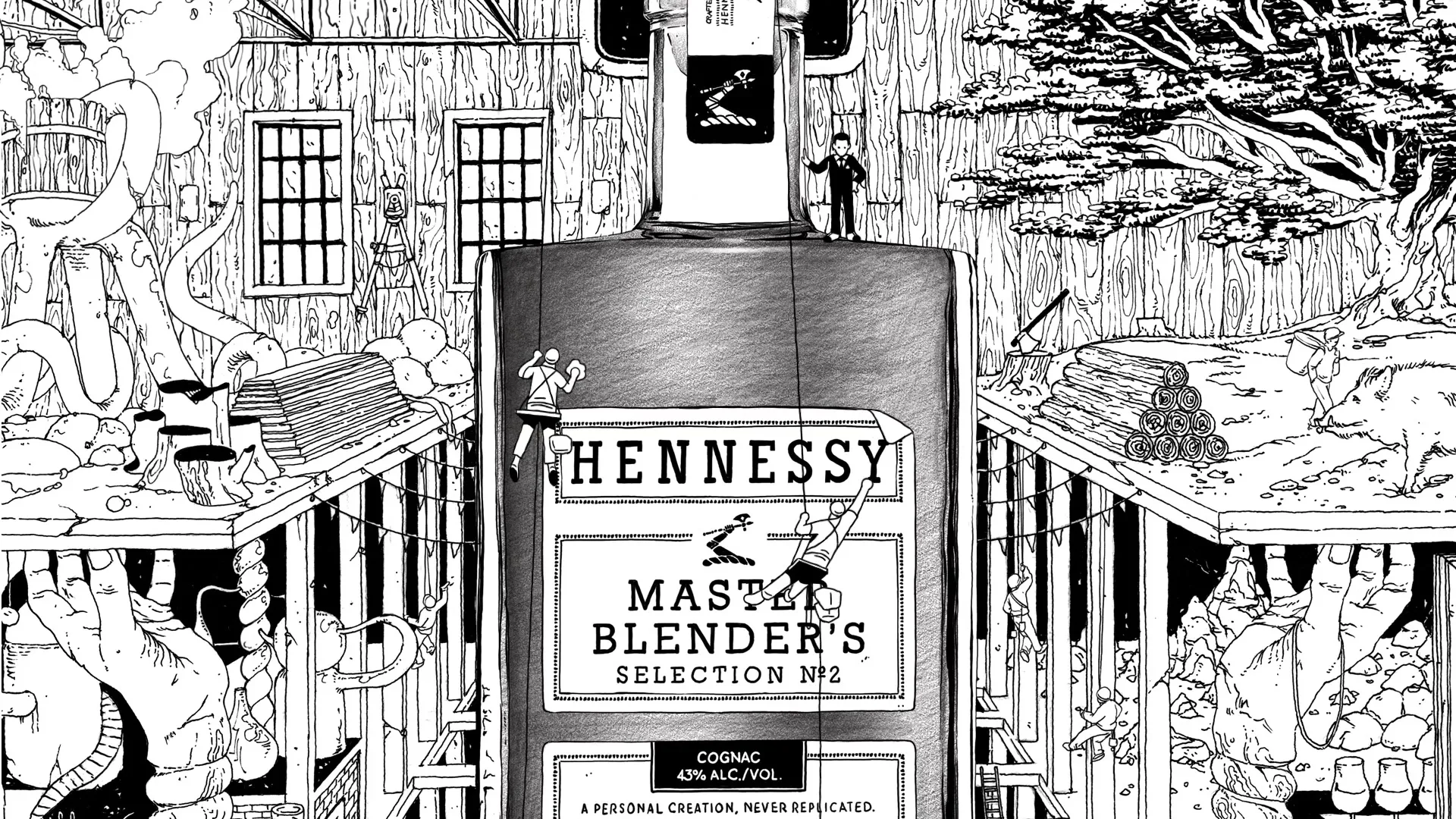 A black and white animated shot shows tiny people working on a giant Hennessy bottle, surrounded by a whimsical, detailed landscape of wooden structures and natural elements.
