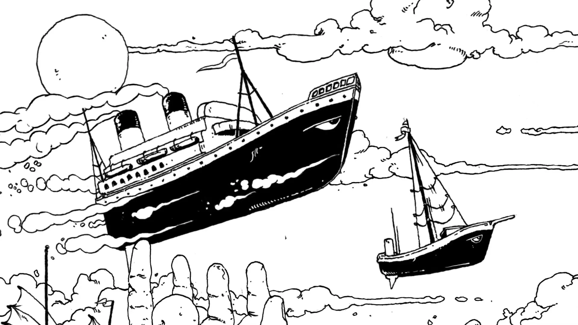A black and white animated drawing shows a large cruise ship and a smaller sailboat floating in the sky among clouds, with a sun in the background.