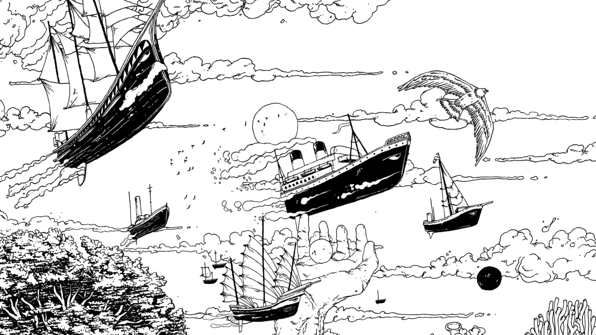 A black and white animated scene shows various ships and a large hand floating in a cloudy sky with a bird flying.