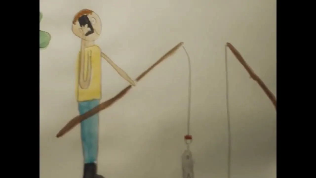 A child's drawing of a person in a yellow shirt and blue pants fishing, with another fishing rod and fish next to them, on a plain background.