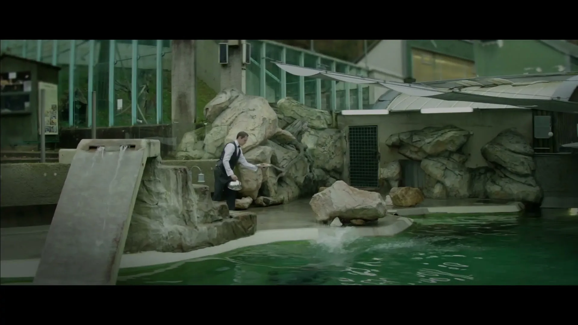 A male waiter in a tuxedo vest and bow tie feeds fish to two seals in a zoo enclosure with rocks and green water.