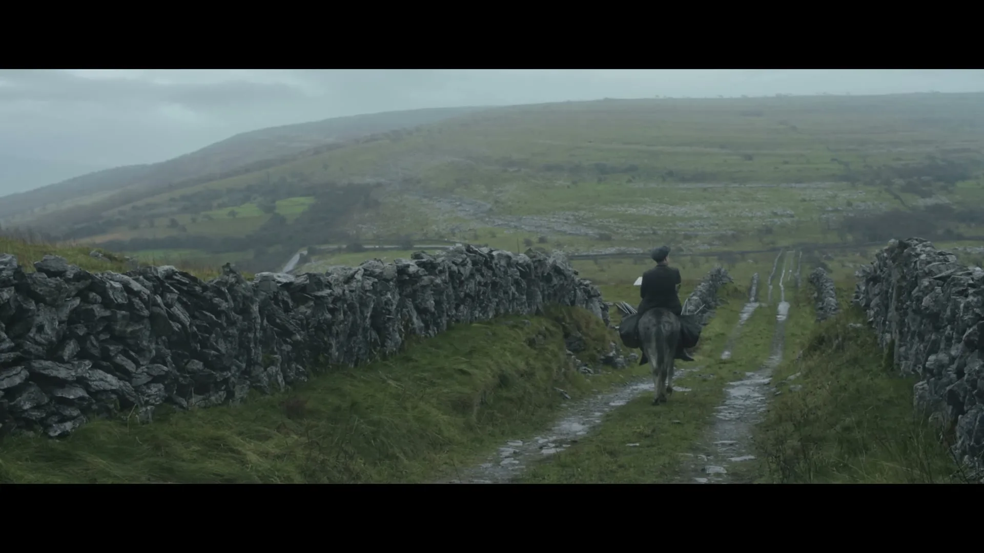 A man in a dark jacket and cap rides a donkey down a muddy path between stone walls in a vast, green, hilly landscape under a grey sky.